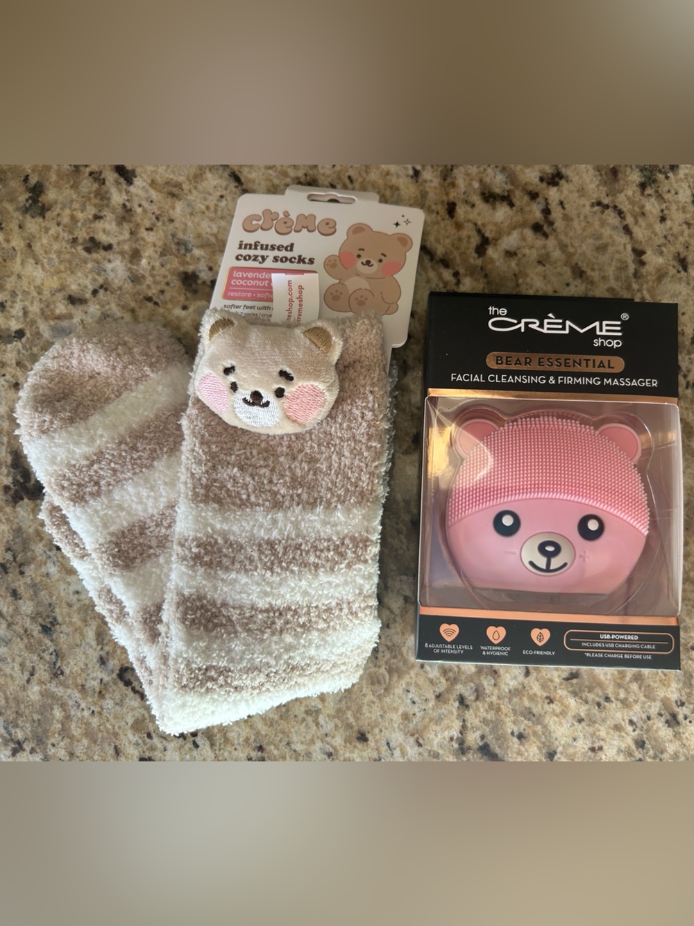 the Creme Shop Bundle- Bear Striped Fuzzy Socks + Facial Cleansing Massager
